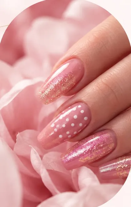 Roze amandelnagels met glitter, gouden folie en witte stippen op pioenblaadjes